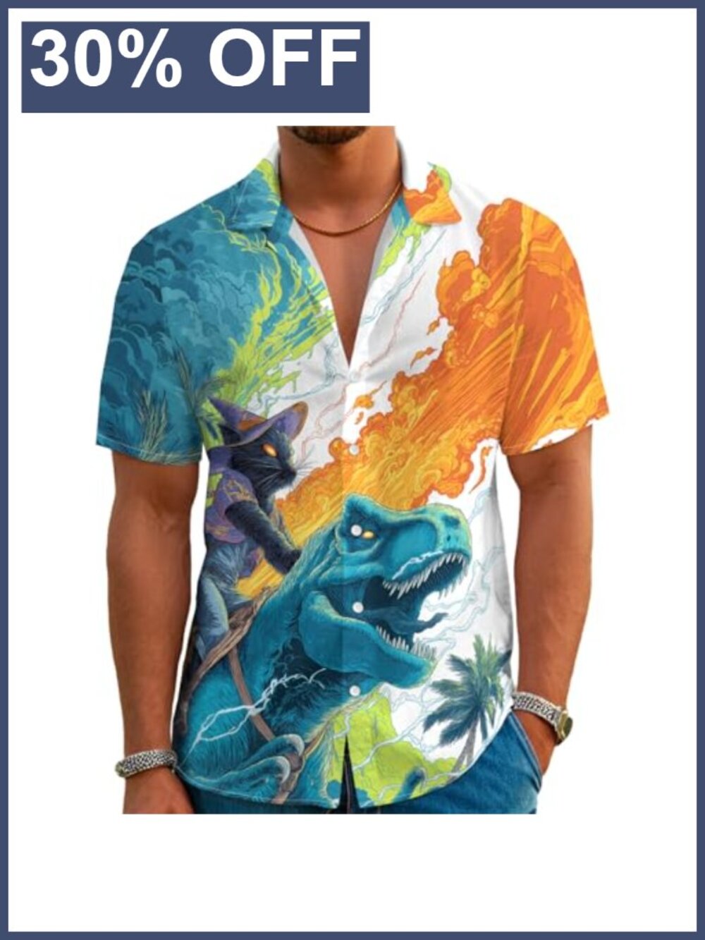 Wizard Cat Dinosaur Hawaiian Shirt Men's Short Sleeve Button Down